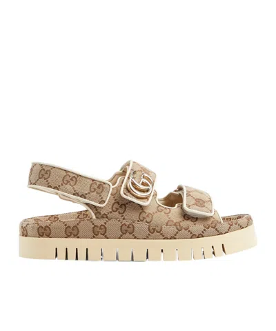 Gucci Women Gg Supreme Slingback Sandals In Beige And Dark Brown