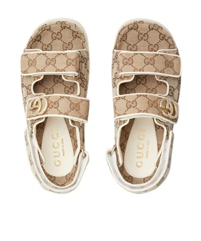 Gucci Women Gg Supreme Slingback Sandals In Beige And Dark Brown