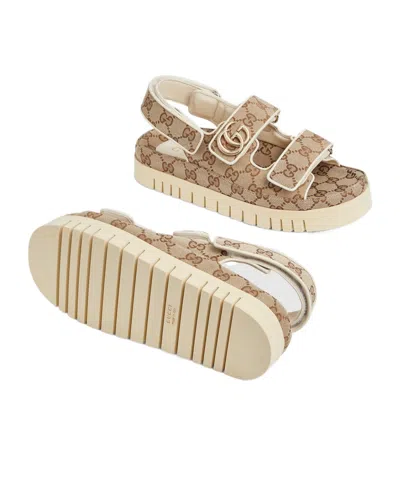 Gucci Women Gg Supreme Slingback Sandals In Beige And Dark Brown