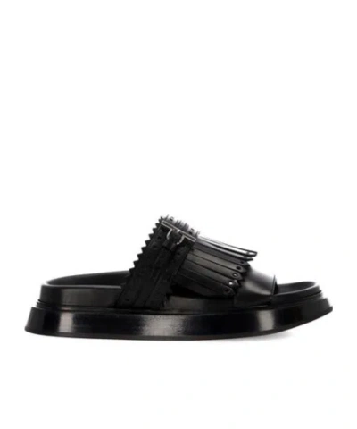 Alexander Mcqueen Alexander Mc Queen T Bar Fringed Black Sandals In Black