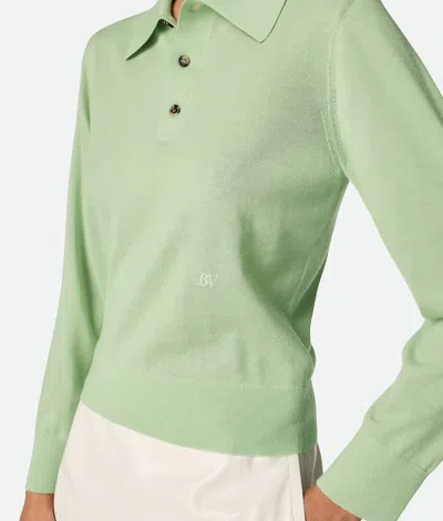 Bottega Veneta Green Polo With Classic Collar And Embroidered Logo On The Front In Light Cashmere Wo In Green