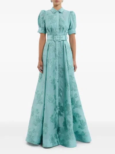 Rebecca Vallance Benette Belted Brocade Shirt Dress In Green