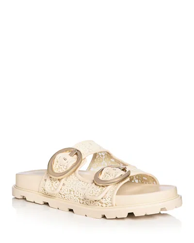 Stuart Weitzman Benni Lace Double-buckle Slide Sandals In Linen