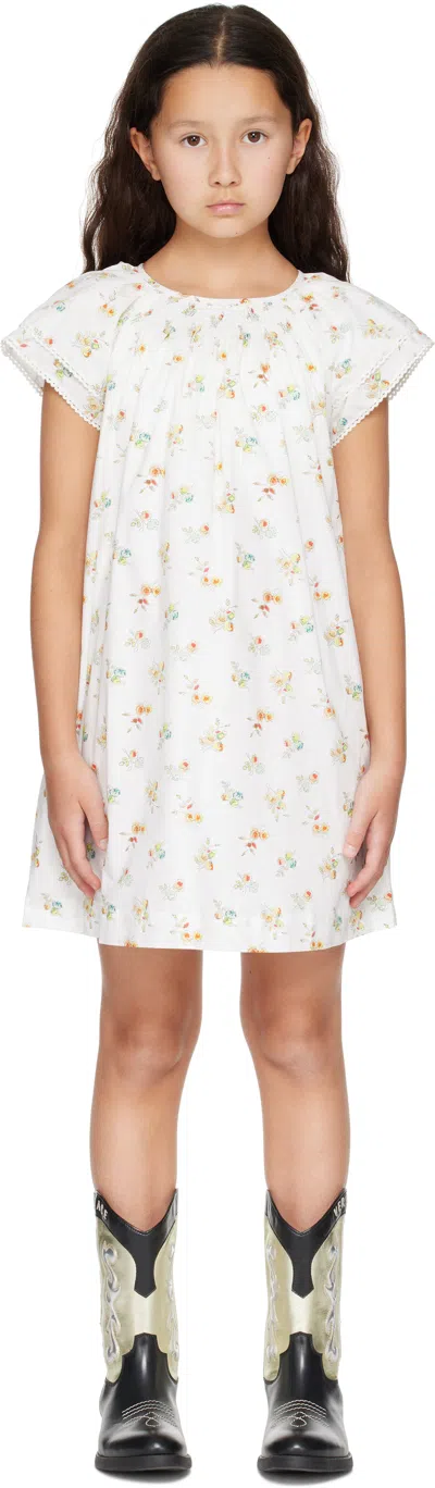 Bonpoint Kids White Salome Smocked Dress In 531a Fl Jaune Clair