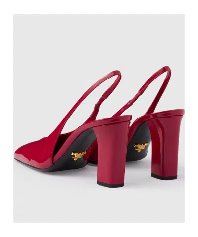 Prada Block Heel Patent Finish Pointed Toe Pumps In Cherry Red