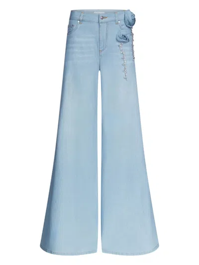 Area Crystal Rosette Wide Leg Jeans In Super Light Blue