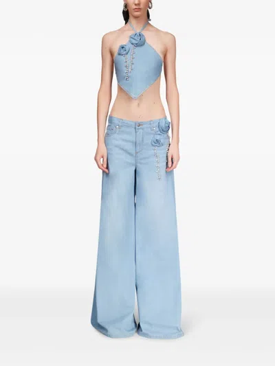 Area Crystal Rosette Wide Leg Jeans In Super Light Blue