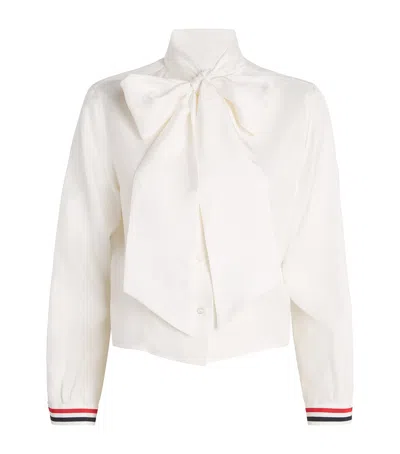 Thom Browne Silk Shirt With Bow Detail And Striped Cuffs In White
