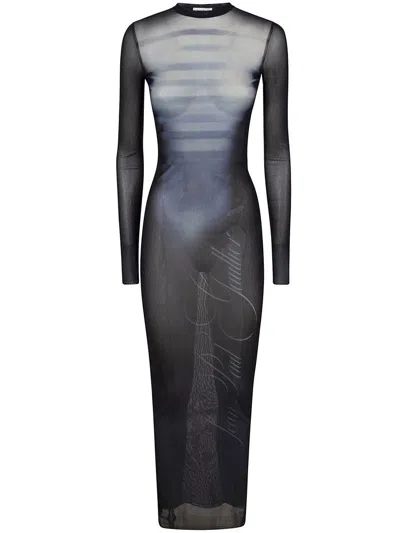 Jean Paul Gaultier Le Male Printed Mesh Long-sleeve Maxi Dress In Blue