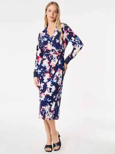 Jones New York Floral Long Sleeve Collared Faux Wrap Midi Dress In Multi