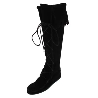 Minnetonka Womens Fringe Knee-high Moccasin Boots In Black