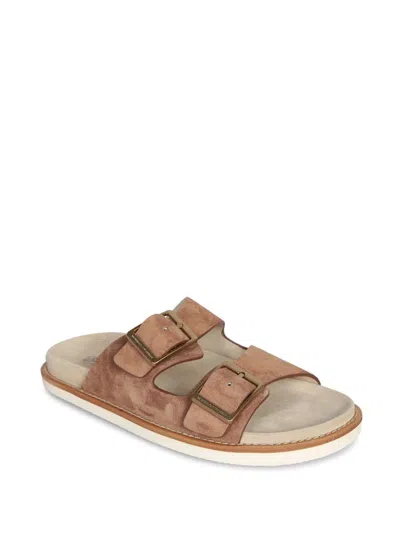 Brunello Cucinelli Men's Beige Suede Leather Sandals With Decorative Buckle Detail In Beige