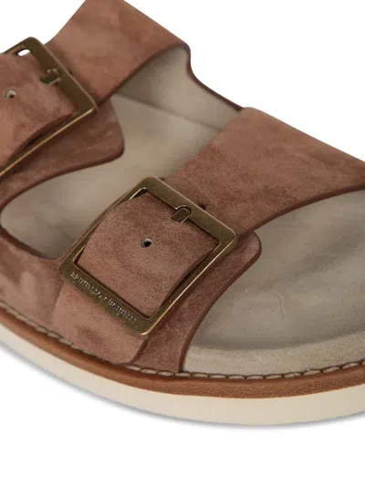 Brunello Cucinelli Men's Beige Suede Leather Sandals With Decorative Buckle Detail In Beige