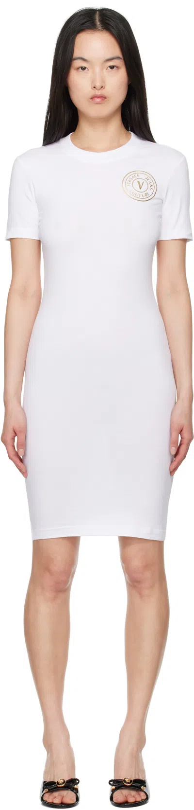 Versace Jeans Couture White V-emblem Logo T-shirt Minidress In Eg03 White/gold