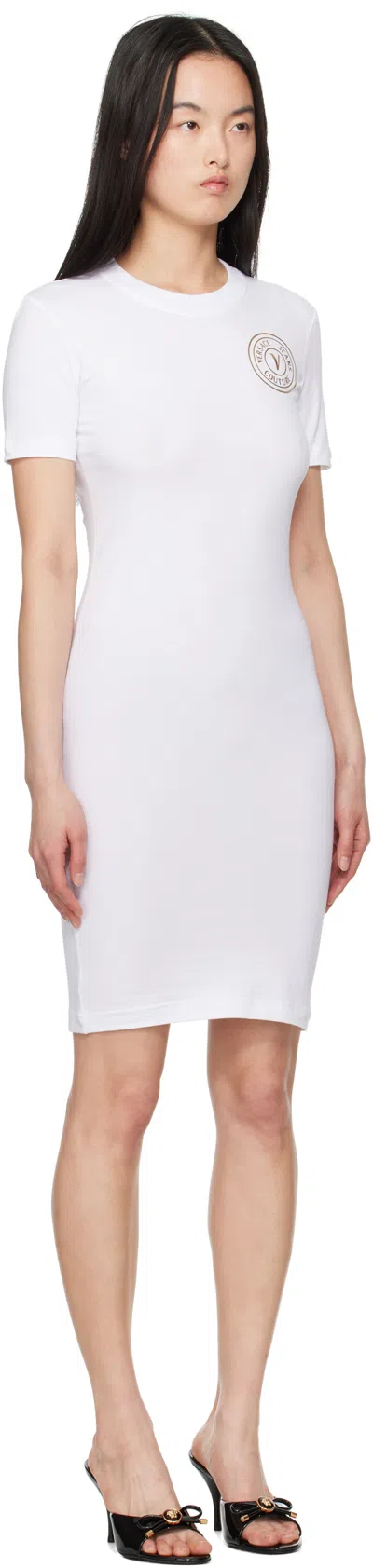 Versace Jeans Couture White V-emblem Logo T-shirt Minidress In Eg03 White/gold