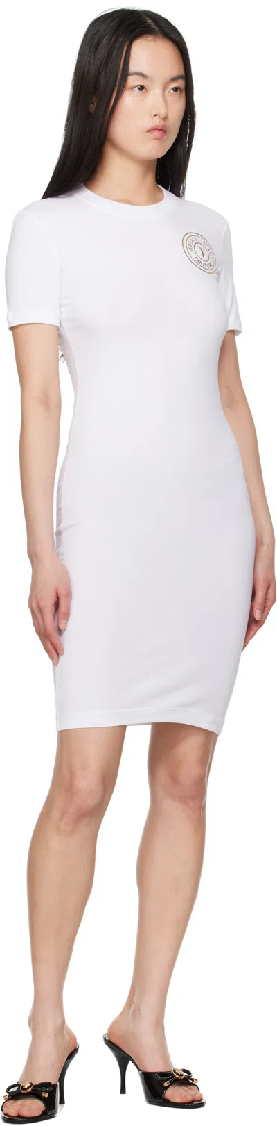 Versace Jeans Couture White V-emblem Logo T-shirt Minidress In Eg03 White/gold
