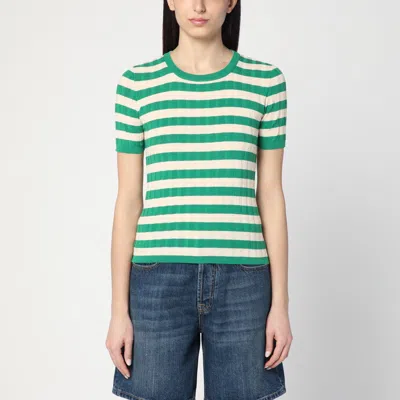 Roberto Collina Striped Cotton Sweater Short Sleeves Crew Neck In Green