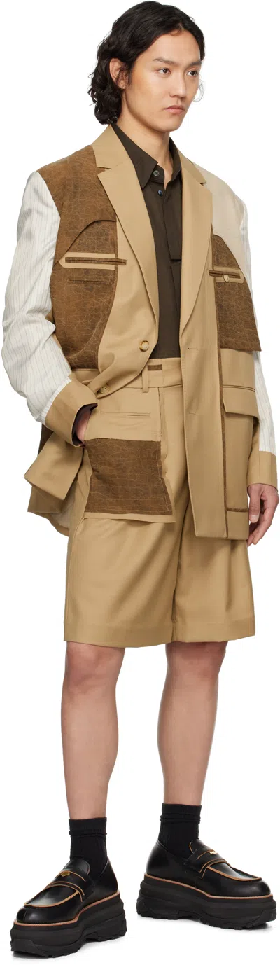 Feng Chen Wang Beige Deconstruction Patchwork Blazer In Khaki
