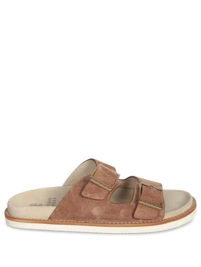Brunello Cucinelli Men's Beige Suede Leather Sandals With Decorative Buckle Detail In Beige