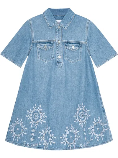 Ganni Denim Dress With Embroidered Hem And Pockets In Blue