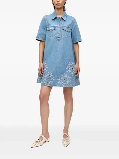 Ganni Denim Dress With Embroidered Hem And Pockets In Blue