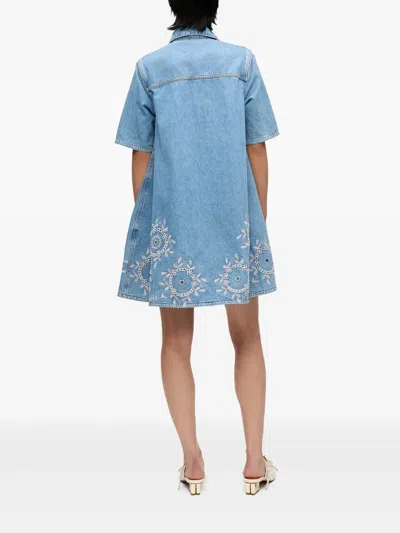 Ganni Denim Dress With Embroidered Hem And Pockets In Blue