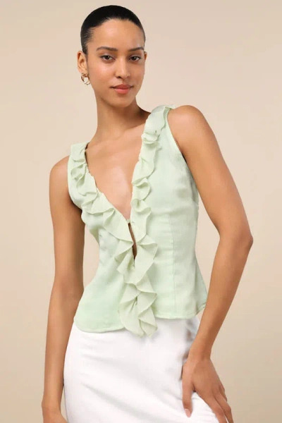 Lulus Briella Light Sage Ruffled Button-front Top In Light Sage