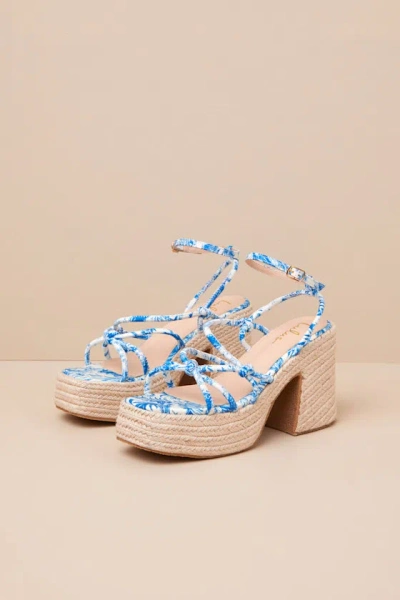 Lulus Thomasin Blue Tropical Print Platform High Heel Sandals In Blue