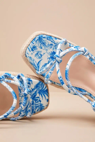 Lulus Thomasin Blue Tropical Print Platform High Heel Sandals In Blue
