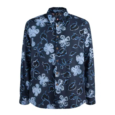 Paul Smith Yukka Print Cotton Shirt With Rounded Hem In Blue