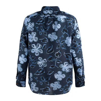 Paul Smith Yukka Print Cotton Shirt With Rounded Hem In Blue