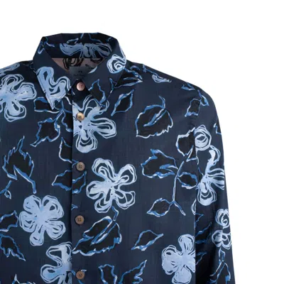 Paul Smith Yukka Print Cotton Shirt With Rounded Hem In Blue