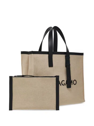 Ferragamo Logo-embossed Leather Tote Bag In Beige