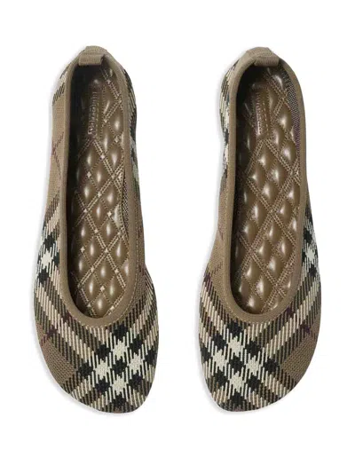 Burberry Women Knit Baby Nylon Blend Ballerinas With Knitted Traditional Check In Burgundy
