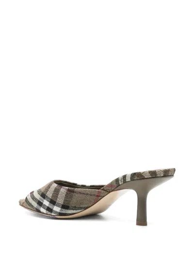 Burberry Check Pattern Kitten Heel Mules With Peep Toe In Marrón