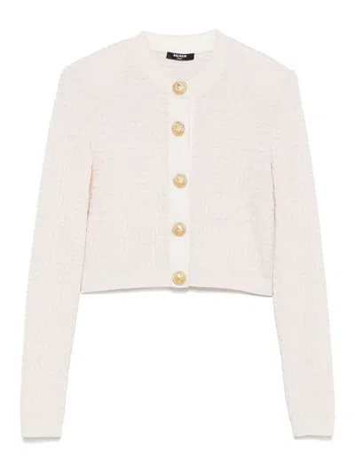 Balmain Buttoned-embellished Crewneck Cardigan In Beige
