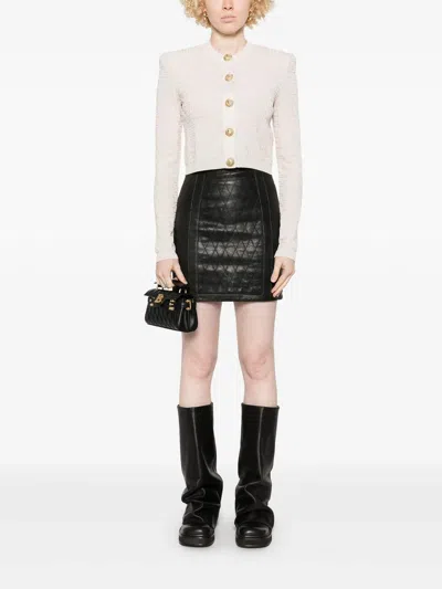 Balmain Buttoned-embellished Crewneck Cardigan In Beige