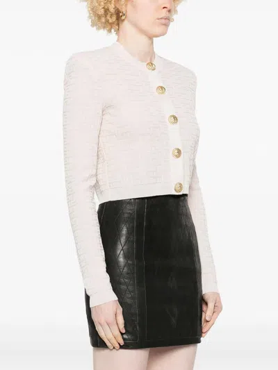 Balmain Buttoned-embellished Crewneck Cardigan In Beige