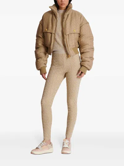 Balmain Ribbed Contrast Knit Leggings With High Waist In Beis