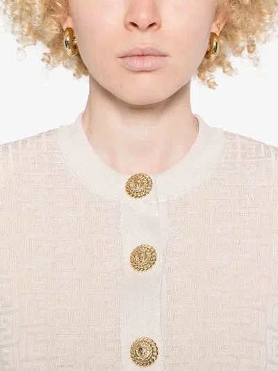 Balmain Buttoned-embellished Crewneck Cardigan In Beige