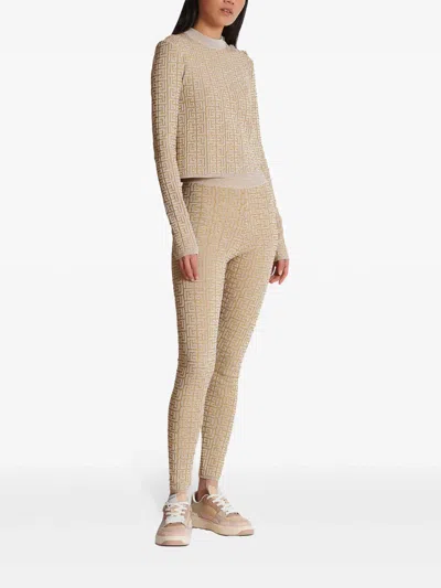 Balmain Ribbed Contrast Knit Leggings With High Waist In Beis