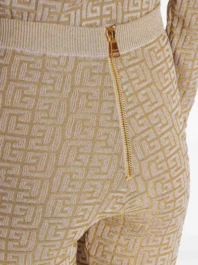 Balmain Ribbed Contrast Knit Leggings With High Waist In Beis