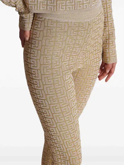 Balmain Ribbed Contrast Knit Leggings With High Waist In Beis
