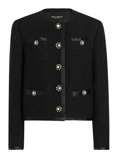 Dolce & Gabbana Single-breasted Tweed Bouclé Short Jacket In Black