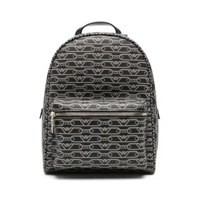 Emporio Armani Coated Faux Leather Logo Print Backpack With Front Pocket