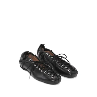 Ganni Eyelets Lace Up Ballerina Crinkle Oleatex In Black