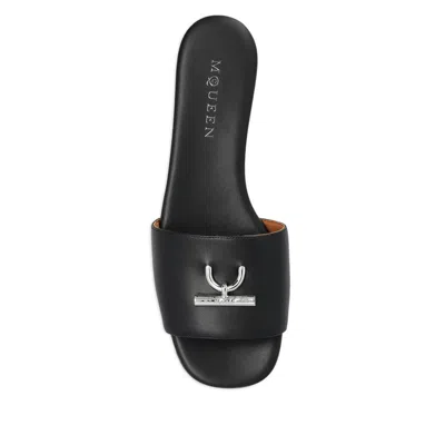 Alexander Mcqueen Open-toe Black Sandals With Metallic Accent In Black