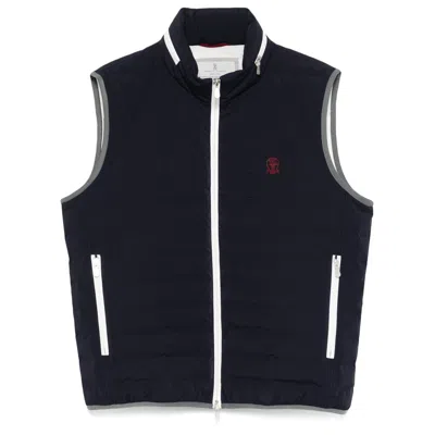 Brunello Cucinelli Gilet In Navy Blue With Front Two-way Zip Fastening