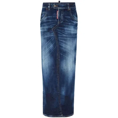 Dsquared2 Medium Wash Denim Maxi Skirt With Front Split In Blue