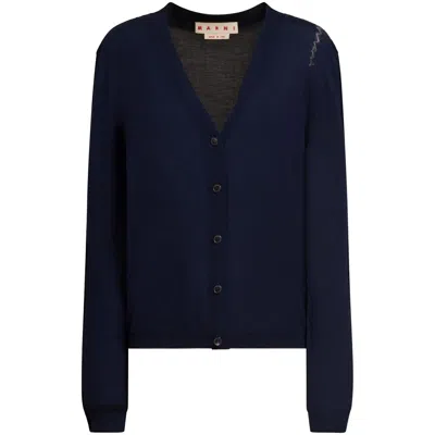 Marni Blue Silk And Wool Blend Cardigan With Contrasting Back Panel